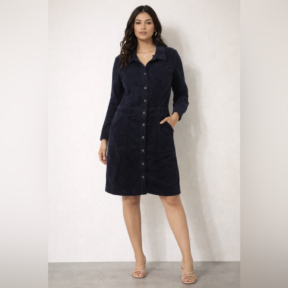 Button-Front Navy Dress with Collared Neck